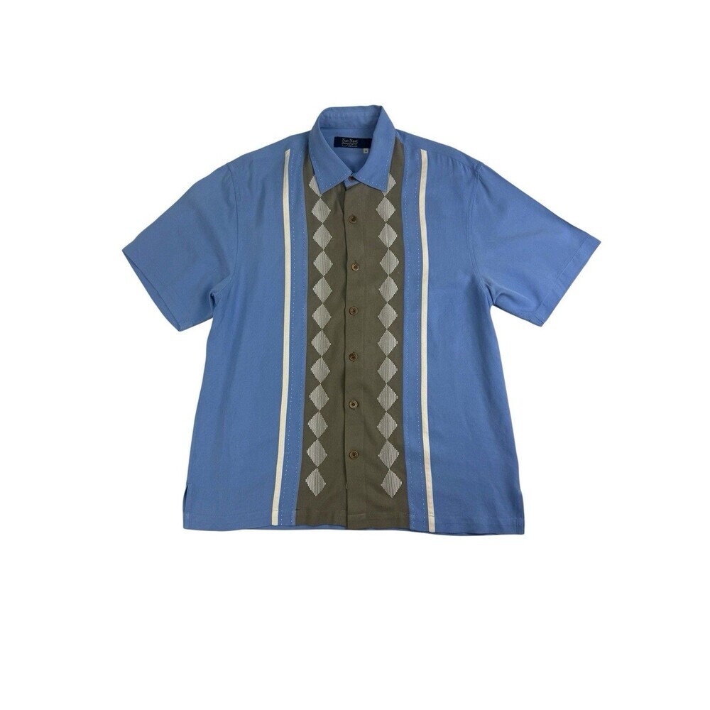 Nat Nast Luxury Originals Silk Bowling Shirt Blue Geometric Panel Short Sleeve M